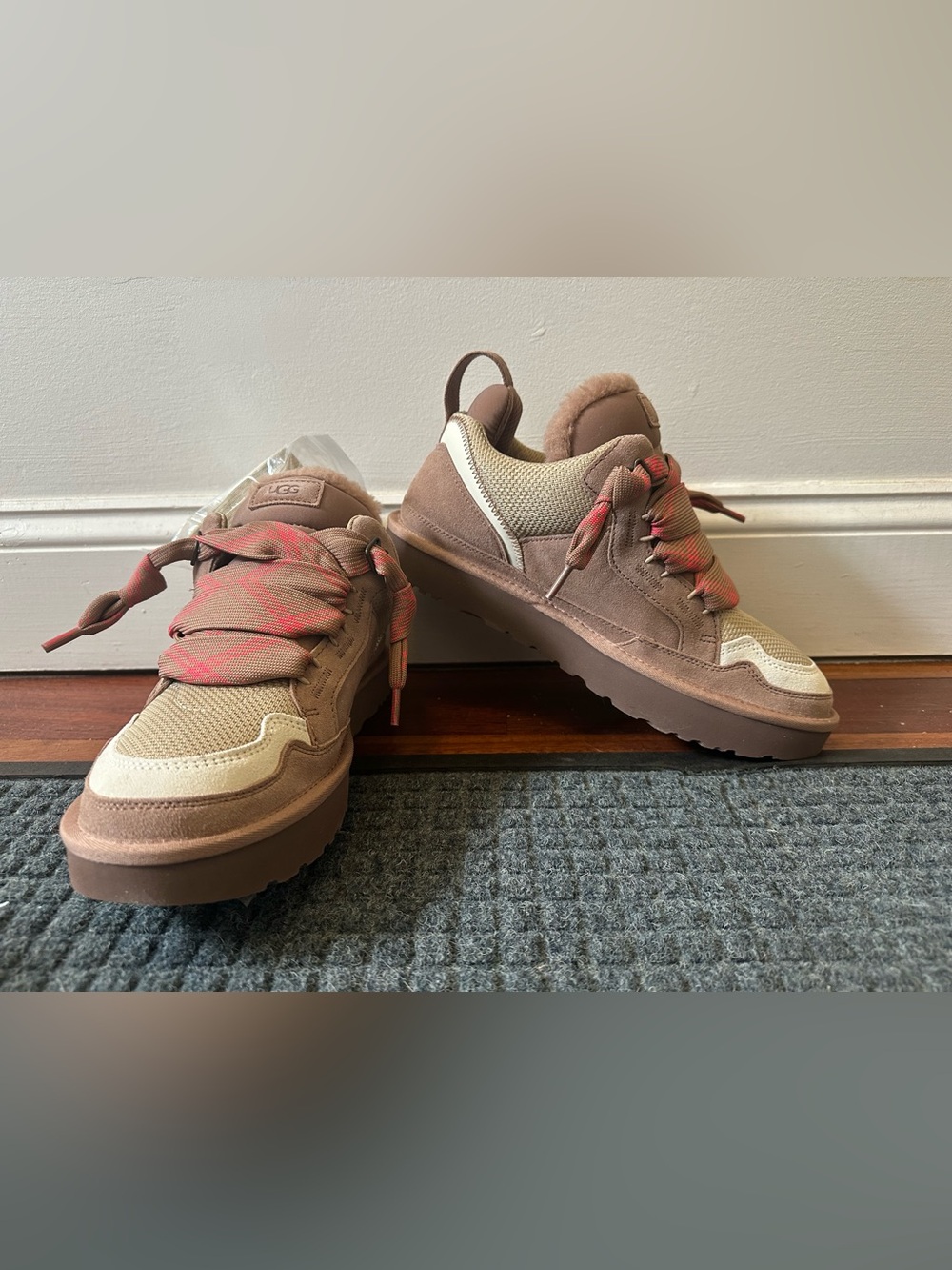 UGG Women's Tan Suede & Cream Mesh Sneakers with Coral-Pink Laces